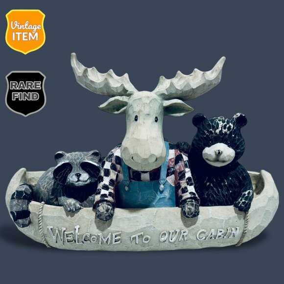 Welcome To Our Cabin Bear, Moose, & Raccoon Forest Wildlife Statue Decor Display - Picture 1 of 12